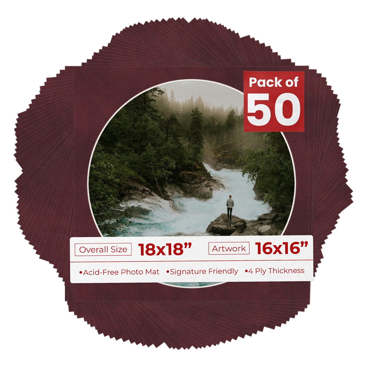 Dark Red Suede Mat Board for 18x18 Frames - Circle Opening for 16x16 Photos